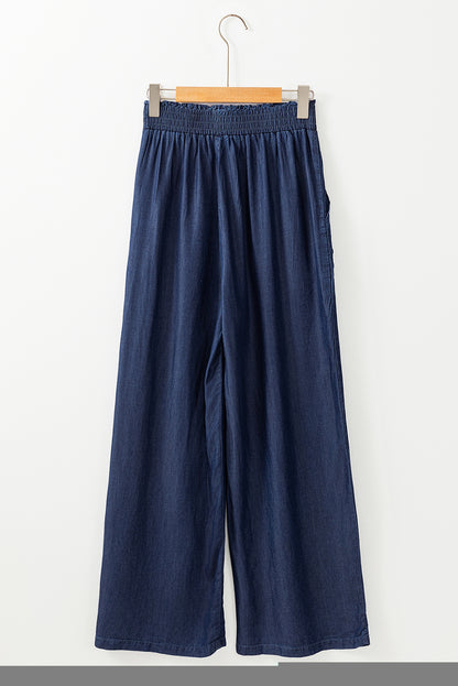 Side Pockets Frilled Smocked High Waist Wide Leg Jeans | Sail Blue