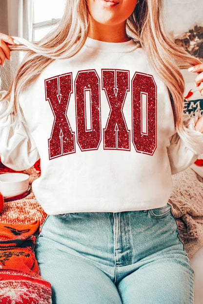 Glitter Xoxo Graphic Crewneck Valentines Pullover Sweatshirt | White