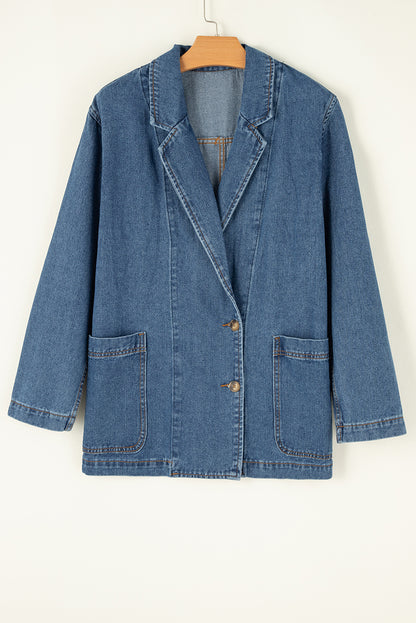 Side Pockets Lapel Collar Denim Jacket | Sail Blue