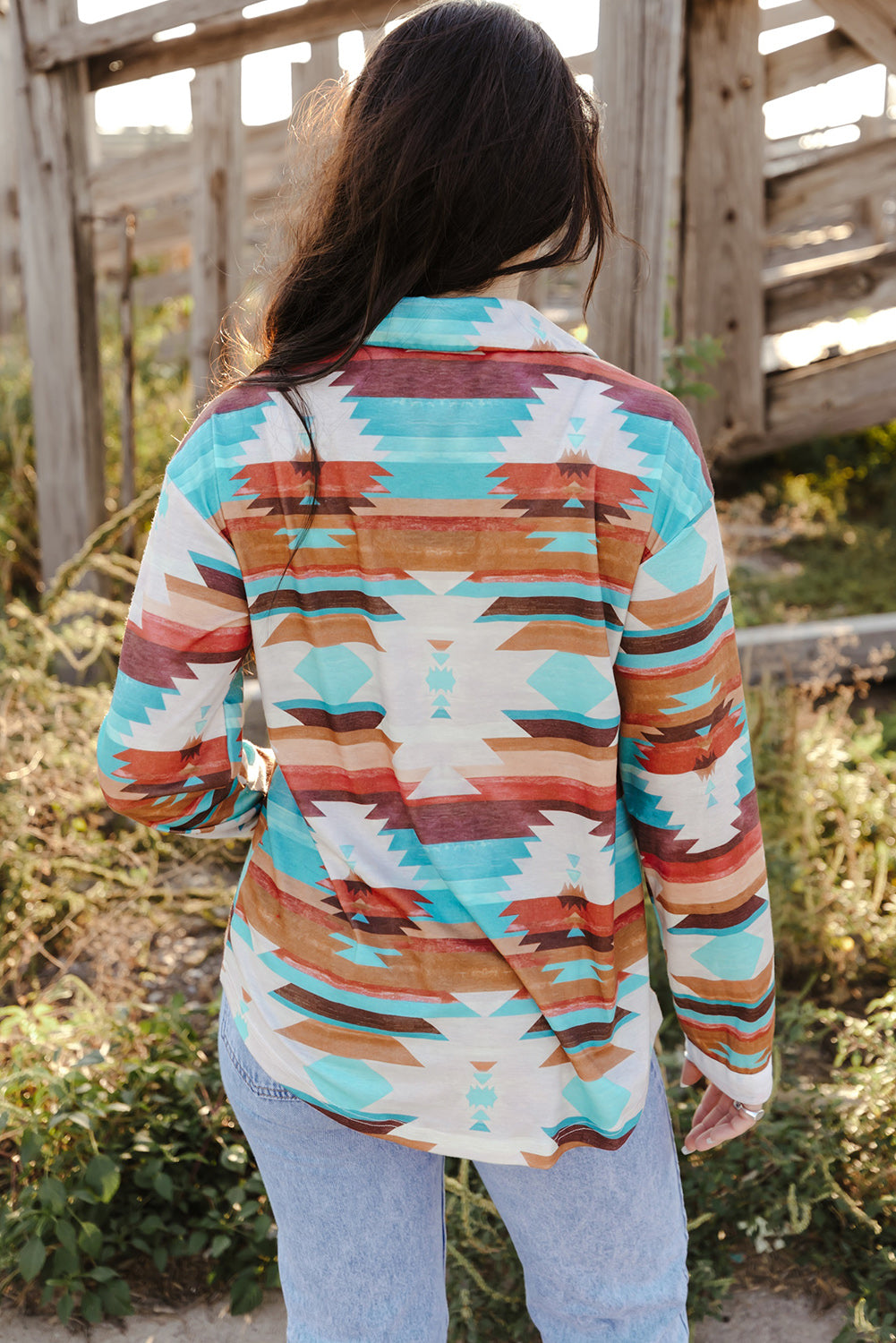 Aztec Print Buttoned Pocket Chest Long Sleeve Shirt | Multicolour