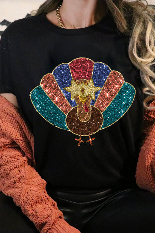 Black Glitter Turkey Heat Transfer Printing Thanksgiving T Shirt