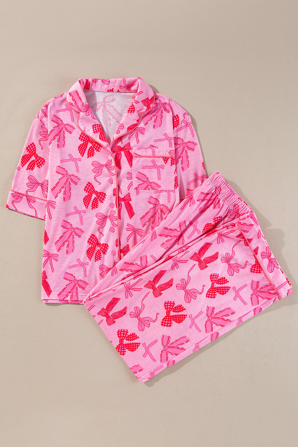 Bow Knot Print Lapel Collar Short Sleeve And Pants Pajamas Set | Pink