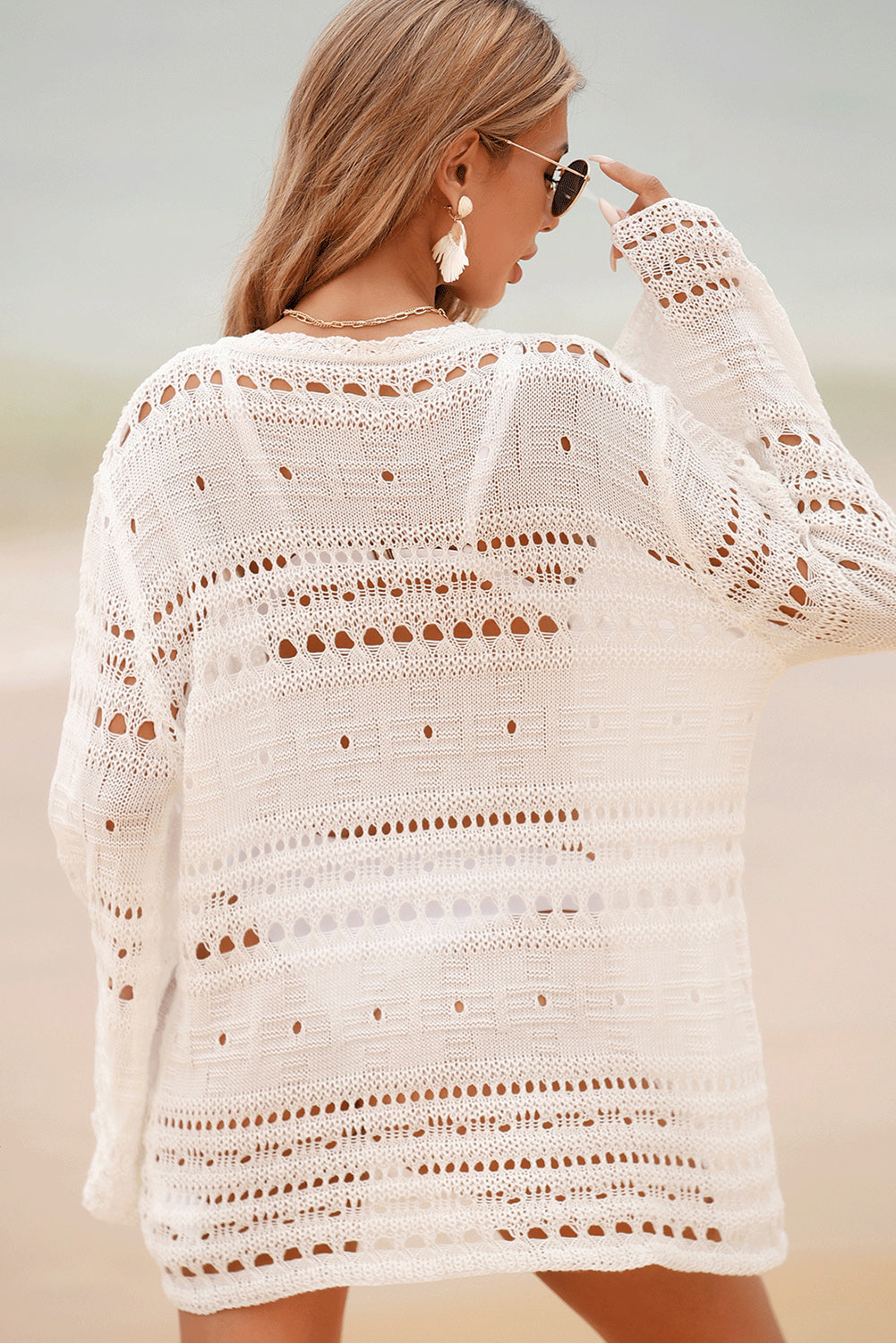 Lace-Up V Neck Hollow Out Knitted Long Sleeve Cover Up | White