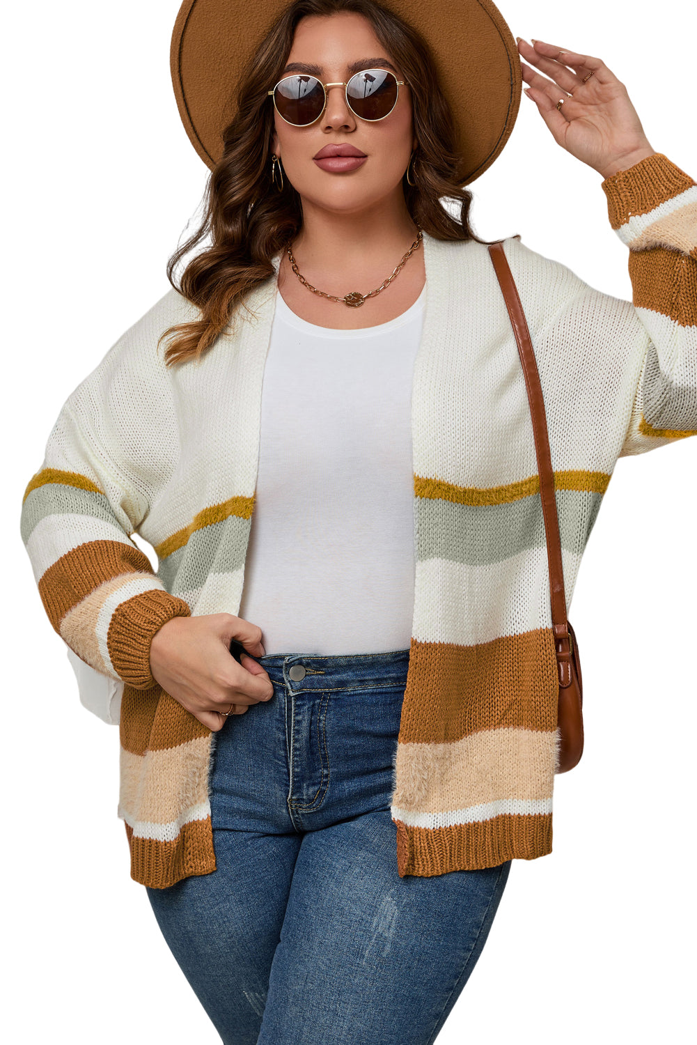 Plus Size Striped Print Open Front Cardigan | Beige