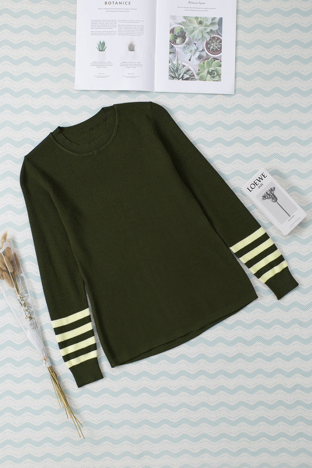 Striped Sleeve Plain Knit Sweater | Green