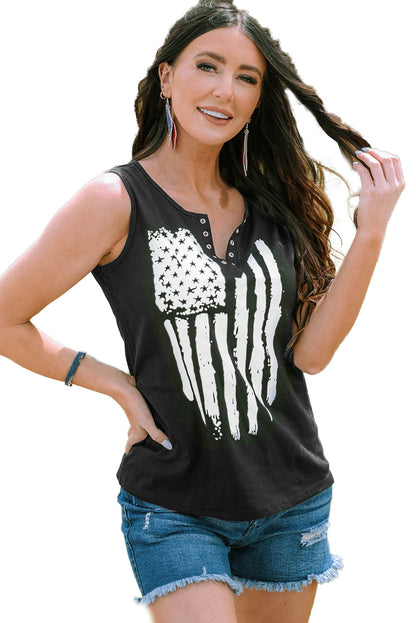 Usa Flag Graphic Split V Neck Tank Top | Black