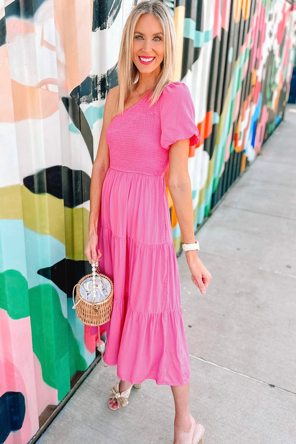 Asymmetric Puff Sleeve Smocked Bodice Tiered Midi Dress | Strawberry Pink