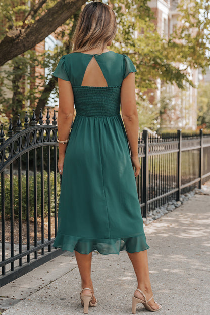 Shirred Open Back Sweetheart Neck Ruffled Midi Dress | Sea Green