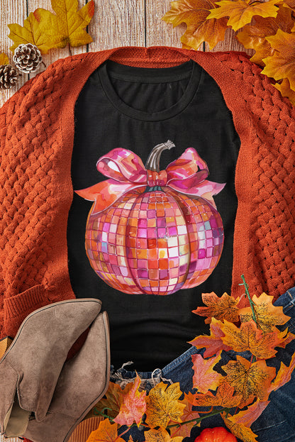 Bow Pumpkin Graphic Crewneck Thanksgiving T Shirt | Black