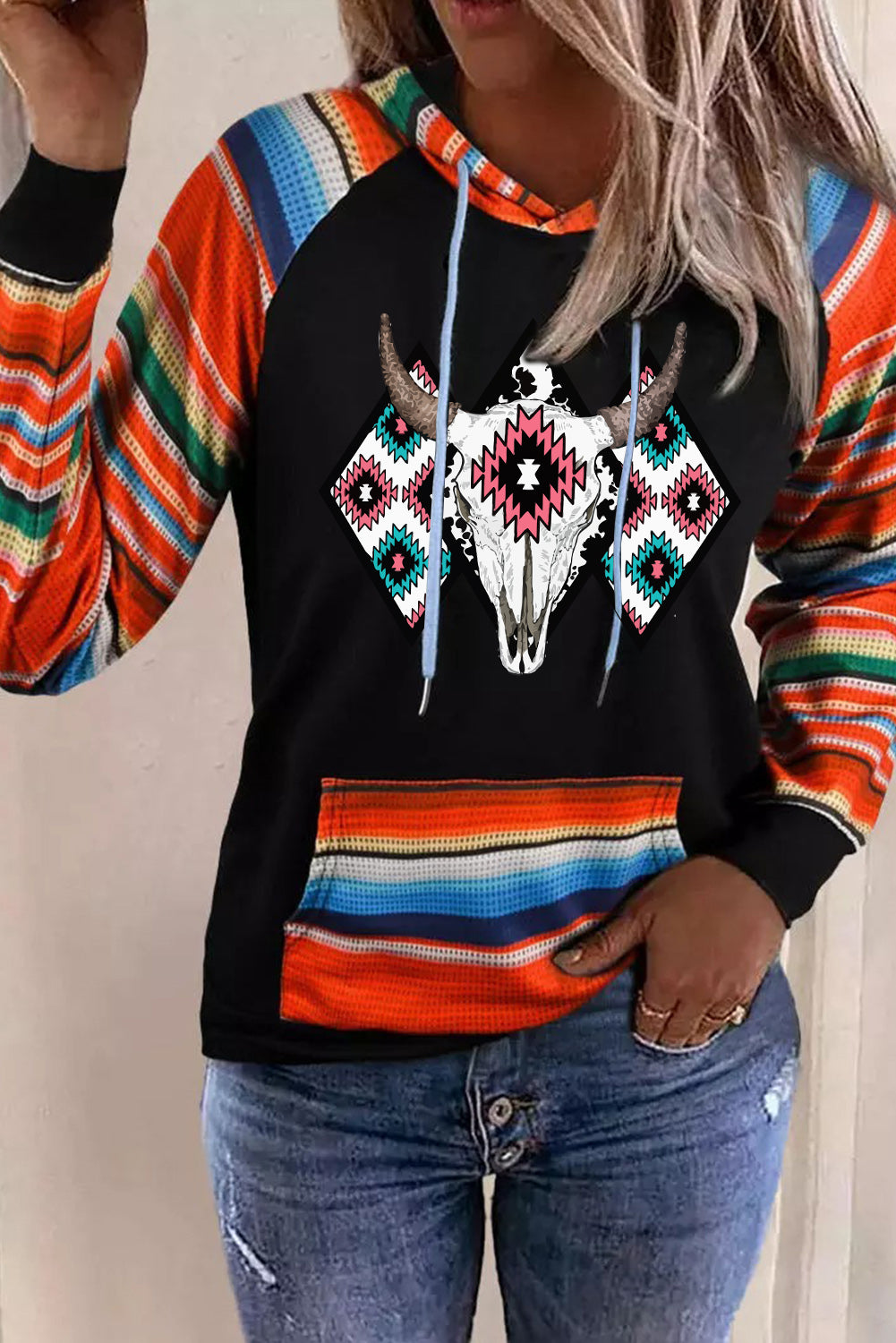 Western Steer Head Aztec Serape Patchwork Pocketed Hoodie | Multicolour