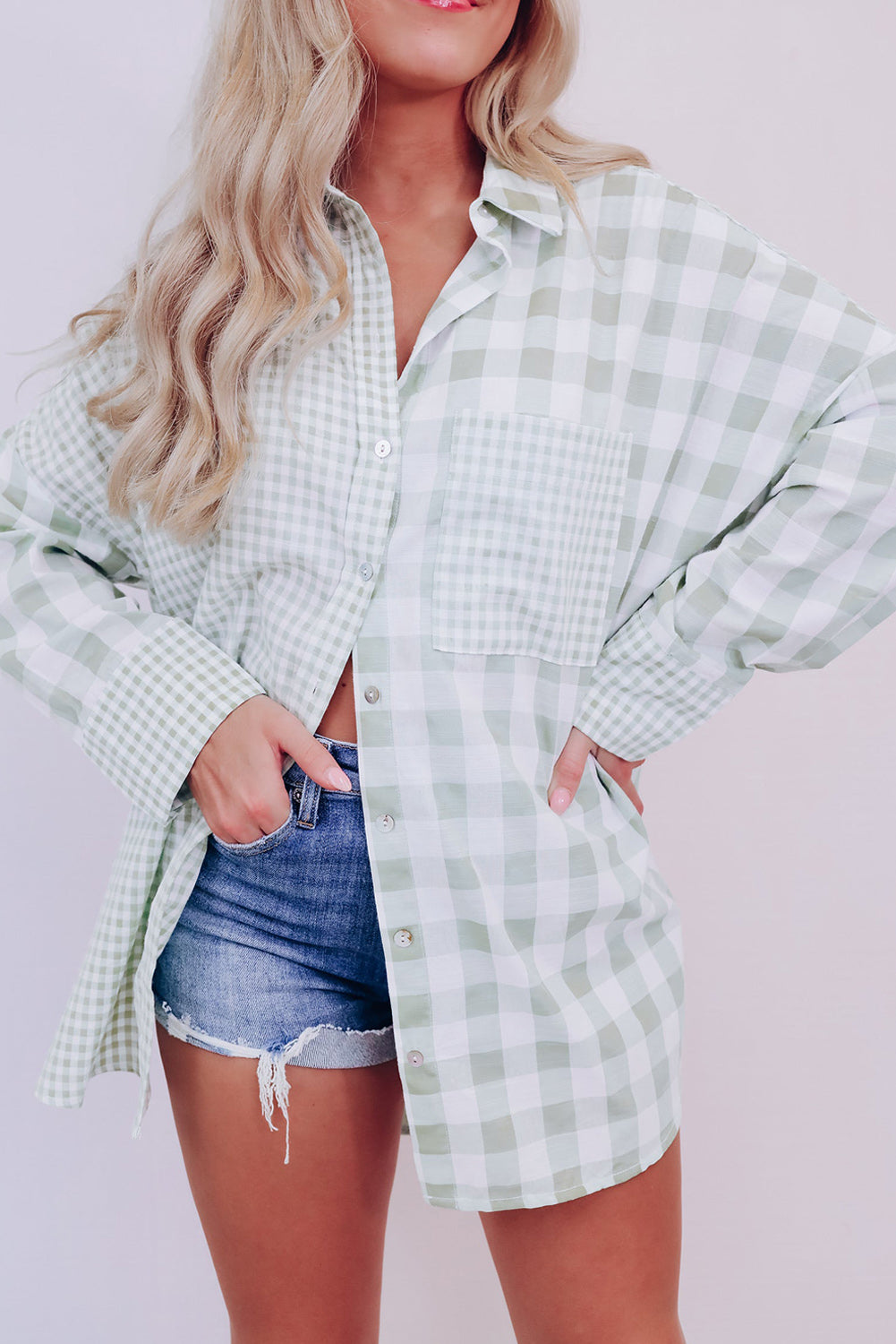 Mix Checked Patchwork Long Sleeve Shirt | Green