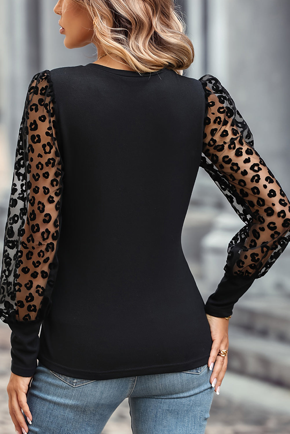 Leopard Mesh Puff Sleeve Patchwork Slim Fit Top | Black