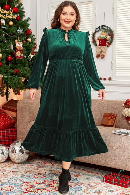 Velvet Frilled Up Neck Ruffled High Waist Plus Size Midi Dress | Blackish Green