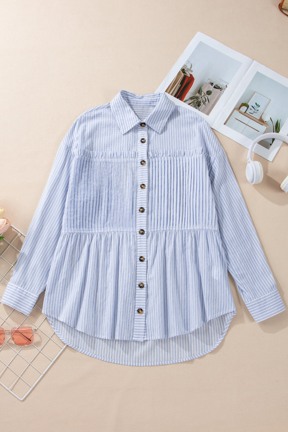 Ruffled Button Up Long Sleeve Shirt | Sky Blue Stripe