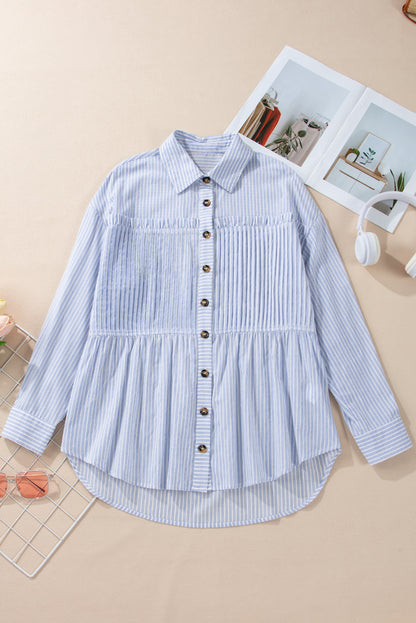 Ruffled Button Up Long Sleeve Shirt | Sky Blue Stripe