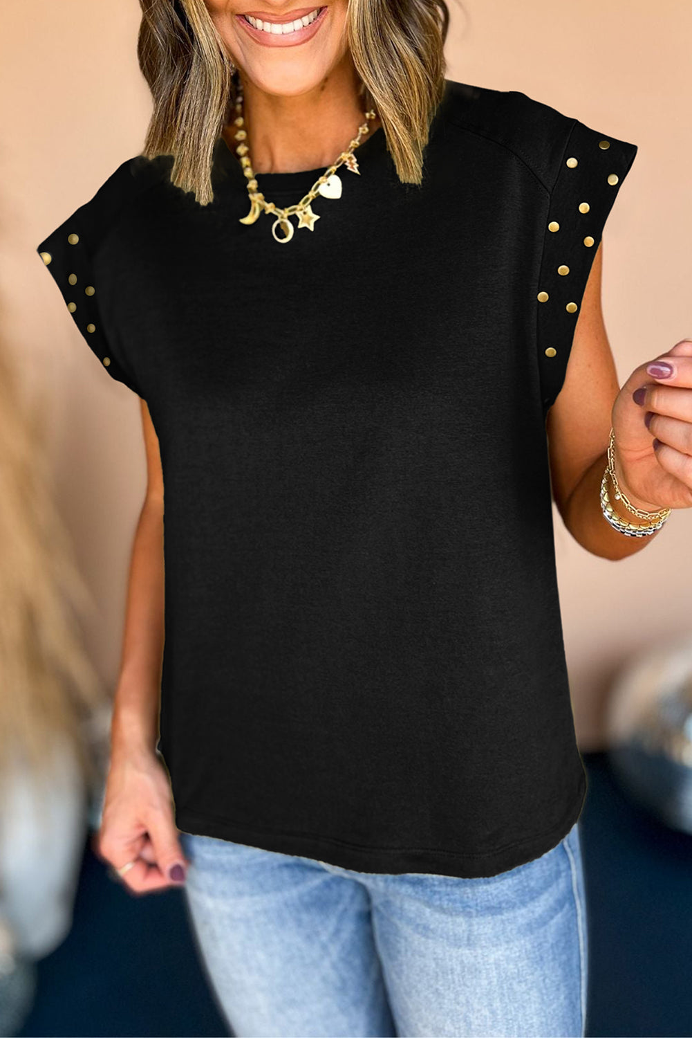 Black Studded Short Sleeve Top