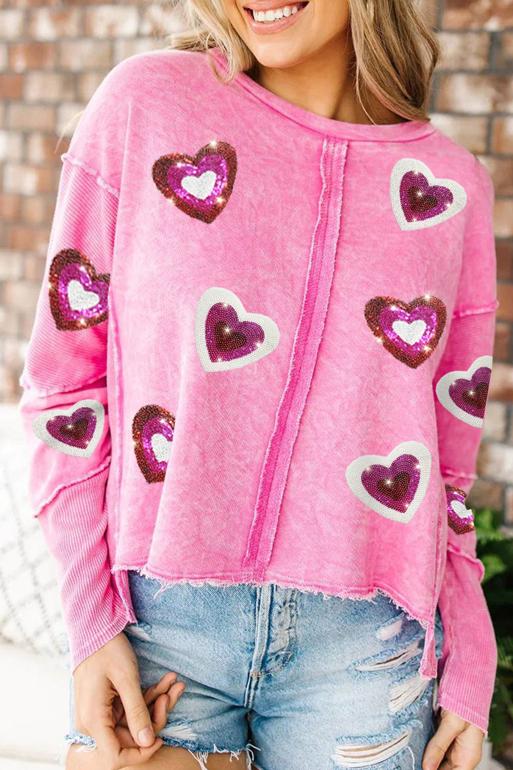 Sequin Heart Shaped Exposed Seam Pullover Sweatshirt | Rose