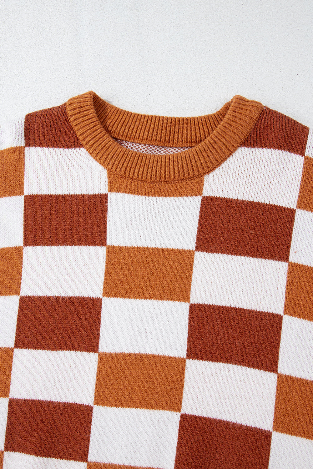 Checkered Ribbed Edge O Neck Drop Shoulder Sweater | Orange