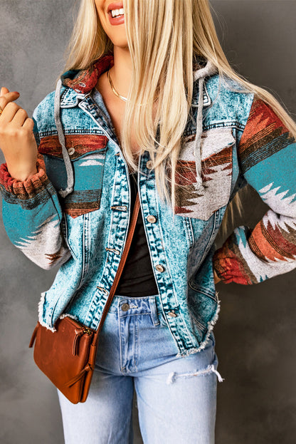 Aztec Print Frayed Hem Denim Jacket | Multicolour