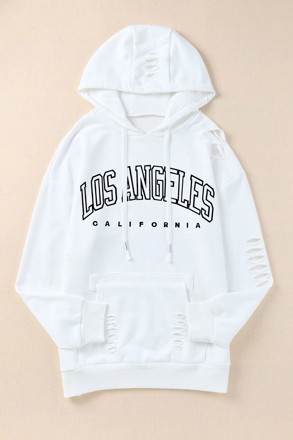 Los Angeles Ripped Kangaroo Pocket Hoodie | White