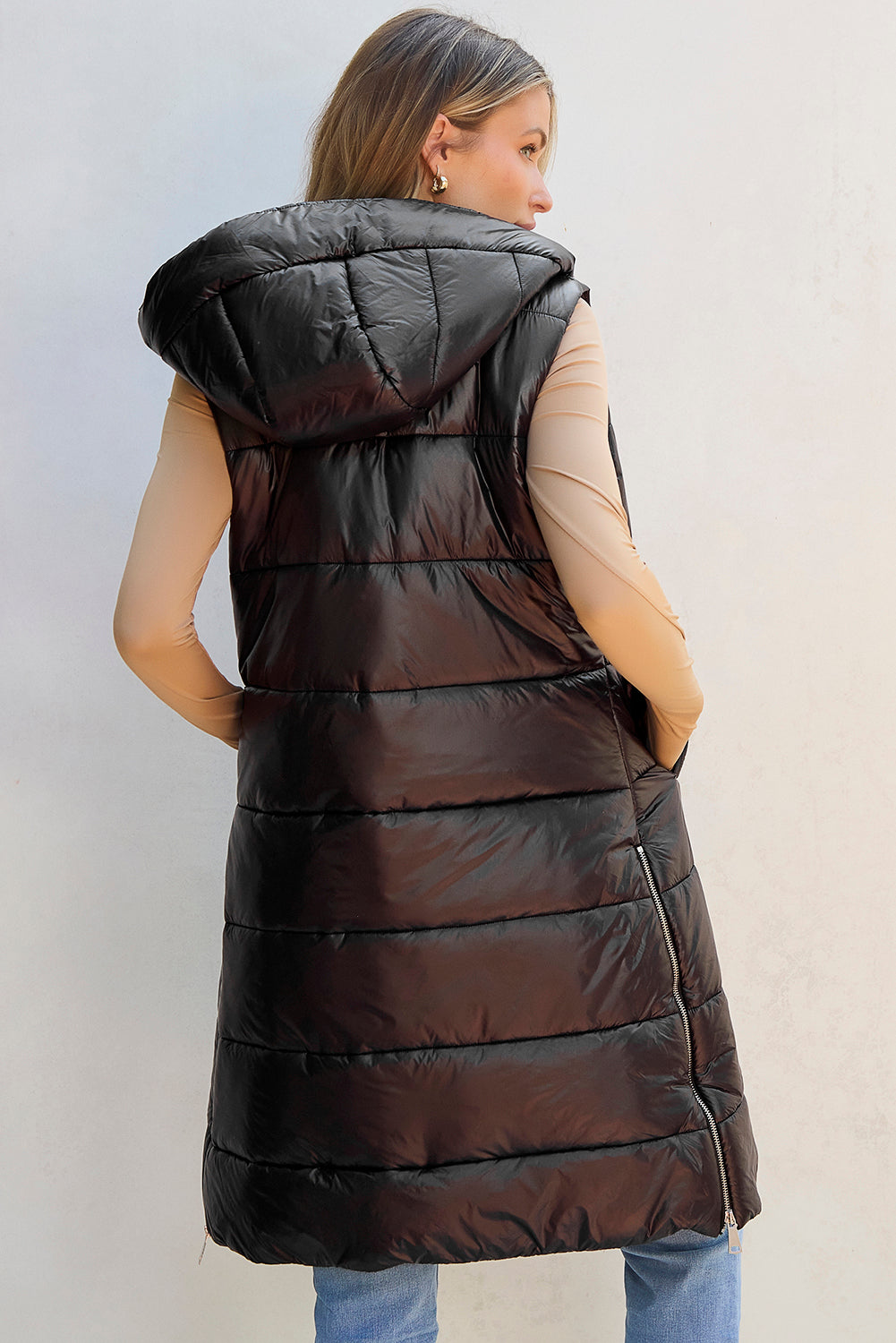 Hooded Long Quilted Vest Coat | Black