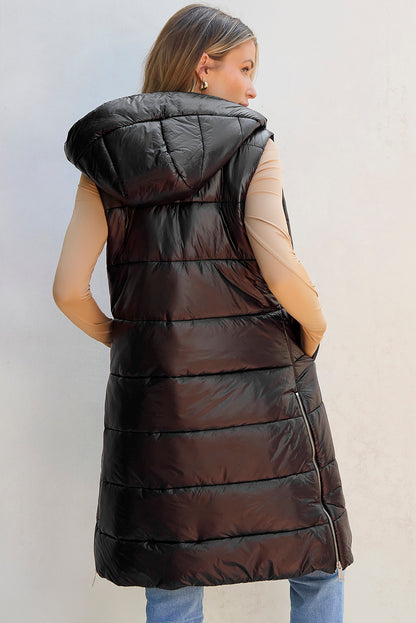 Hooded Long Quilted Vest Coat | Black