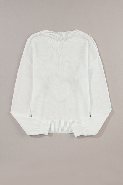 Heart Xoxo Pattern Drop Shoulder Rib Knit Sweater | White