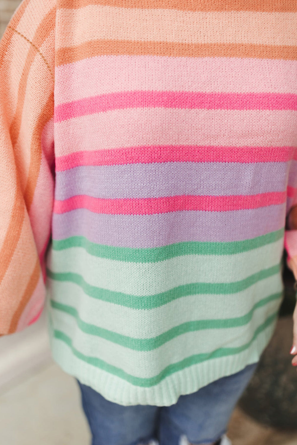 Colour Block Balloon Sleeve Crewneck Plus Size Sweater | Pink Stripe