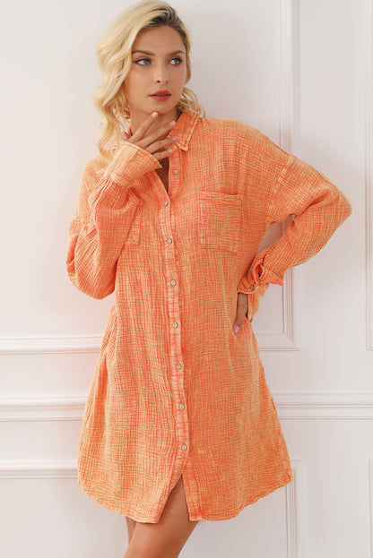 Crinkled Dual Chest Pocket Oversized Shirt Dress | Orange