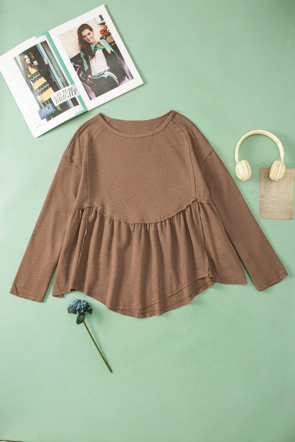 Solid Colour Ribbed Long Sleeve Peplum Blouse | Brown