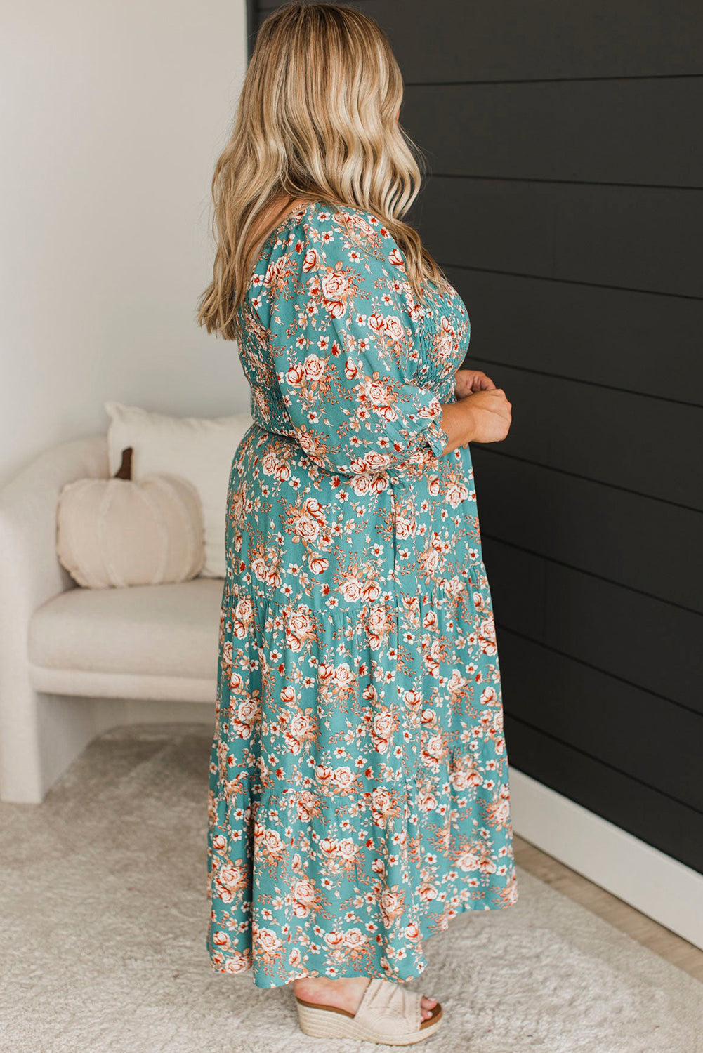 Plus Size Floral Print Square Neck Smocked Maxi Dress | Green