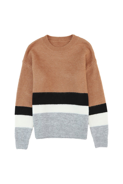 Colour Block Striped Ribbed Knit Sweater | Brown