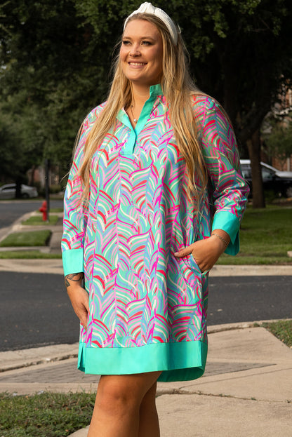 Plus Size Palm Pattern Long Sleeve Shift Dress | Green