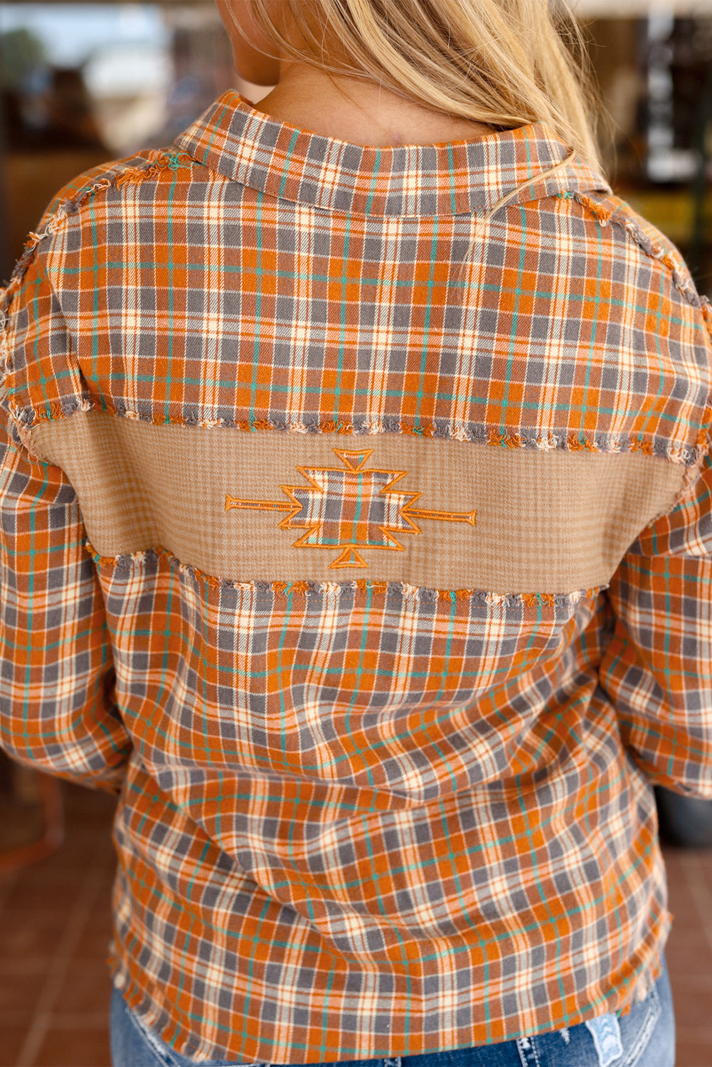 Plaid Embroidery Patch Button-Down Shacket | Orange