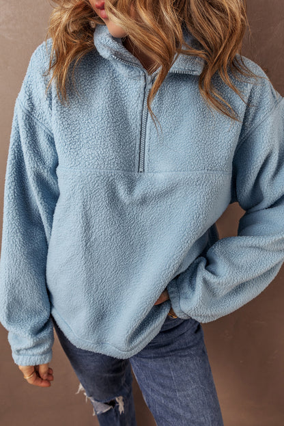 Collared Zipper Drop Shoulder Fleece Sweatshirt | Myosotis