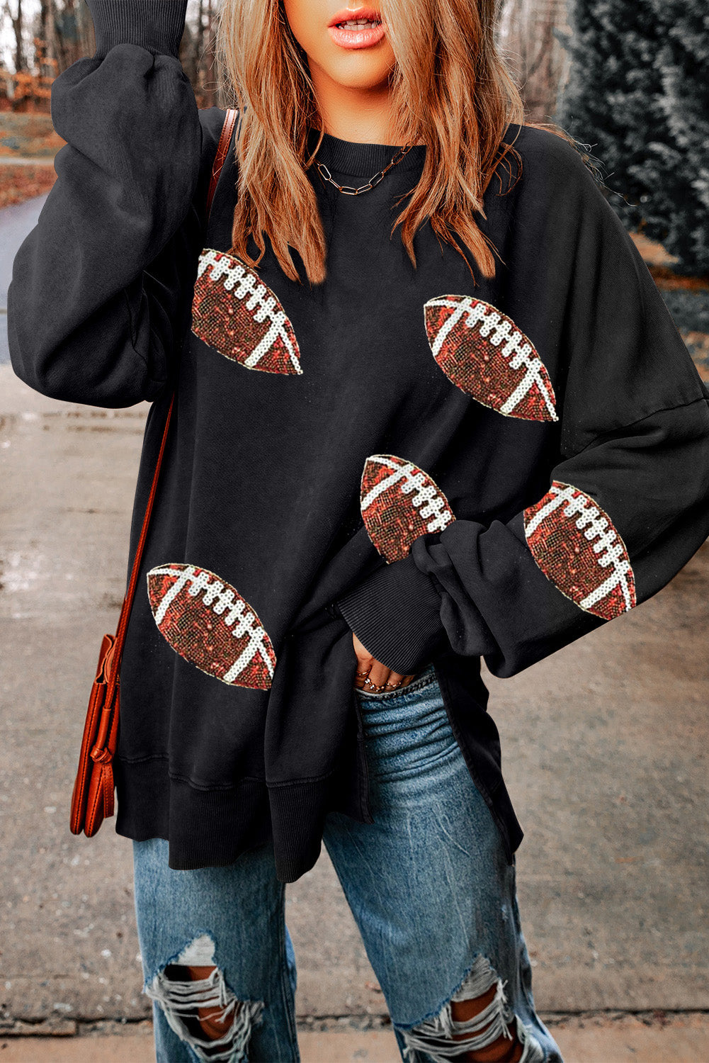 Rugby Football Print Side Split Loose Fit Sweatshirt | Black