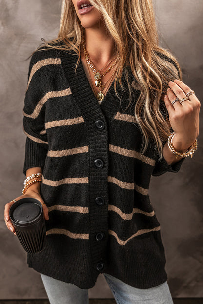 Buttoned V Neck Drop Shoulder Loose Cardigan | Black Stripe