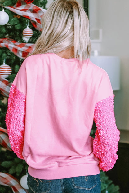 Valentines Heart Graphic Sequin Patchwork Long Sleeve Top | Pink