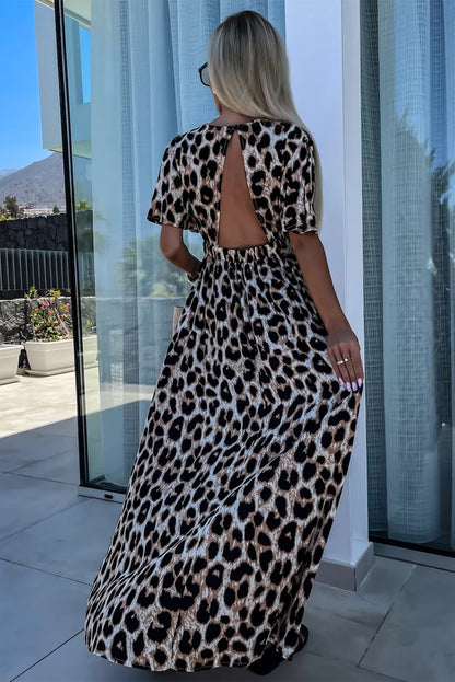 Leopard V Neck Cinched High Waist Open Back Maxi Dress | Khaki