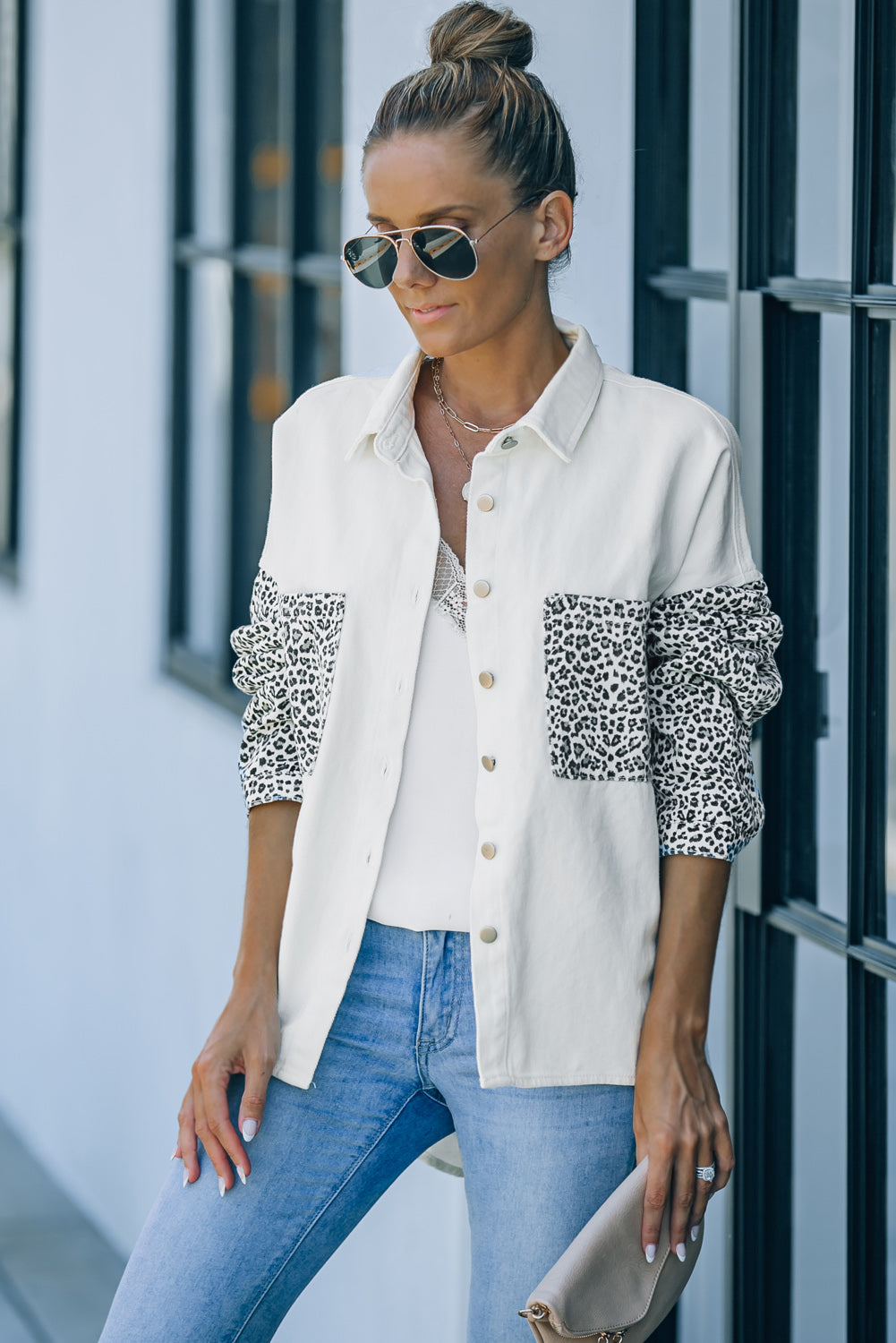 Contrast Leopard Denim Jacket | White