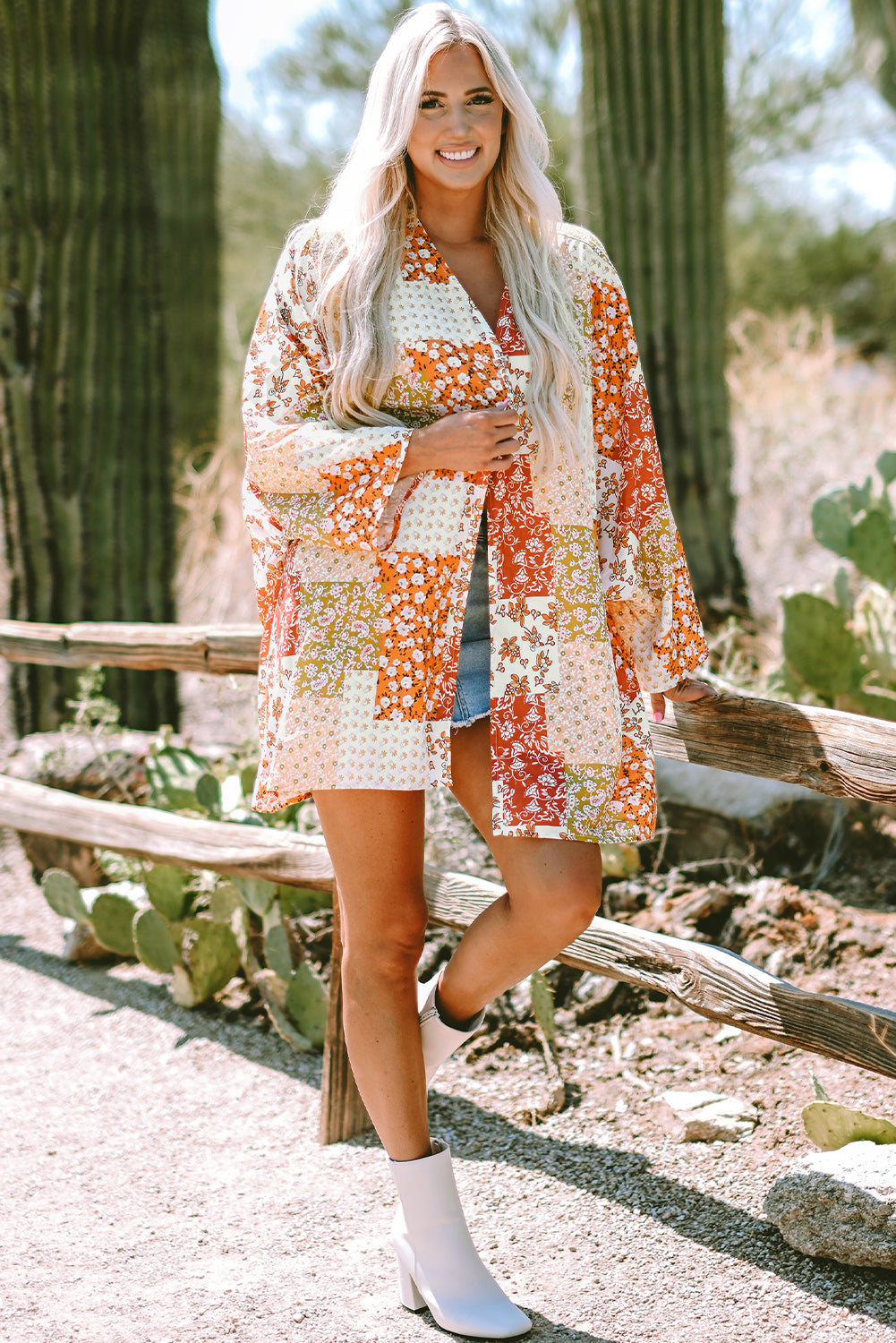 Boho Patchwork Floral Open Front Kimono | White