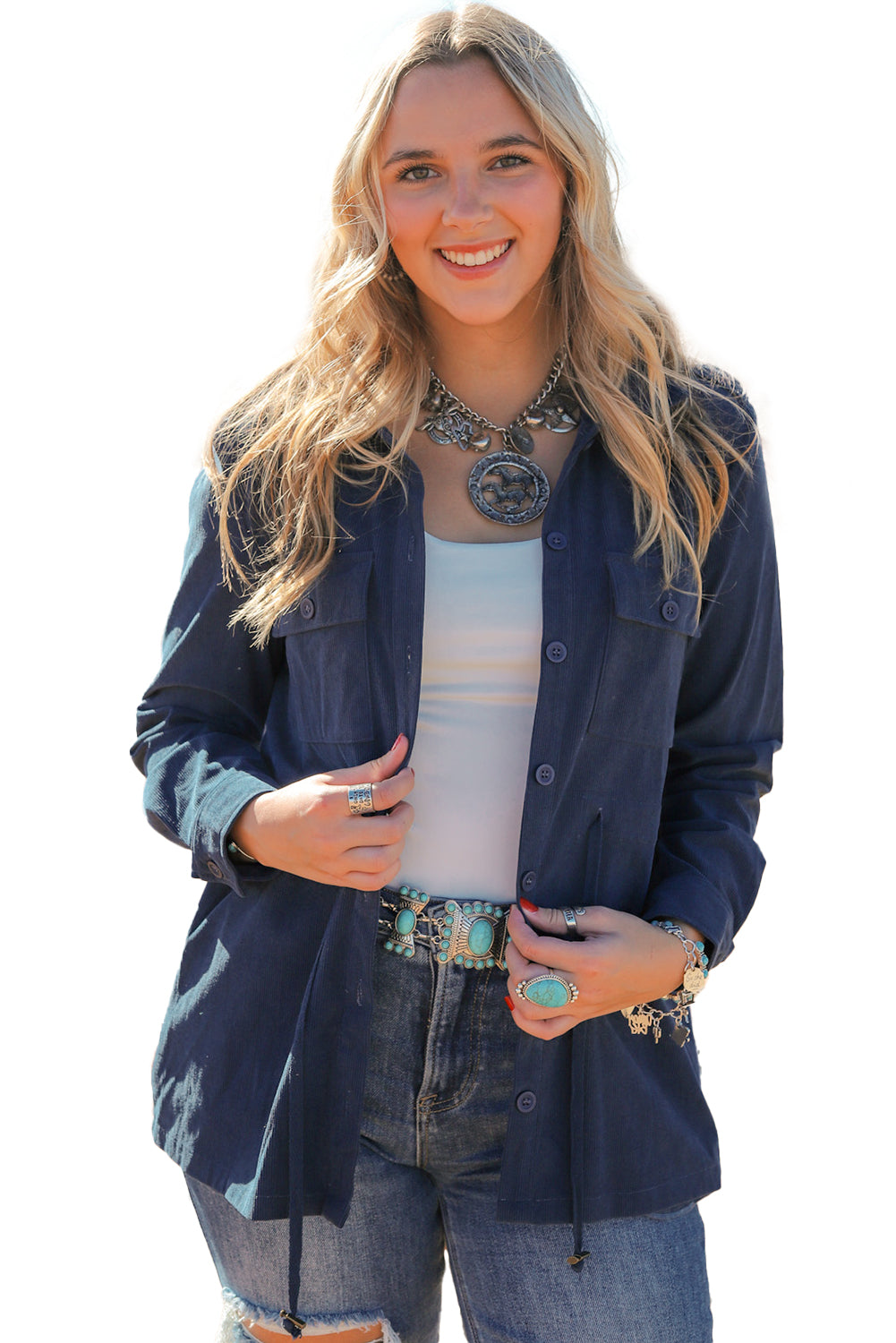 Corduroy Cinched Aztec Back Jacket | Blue