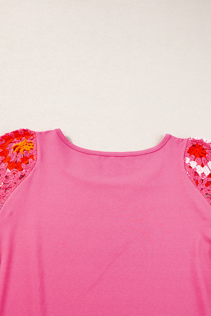 Floral Crochet Short Sleeve Top | Strawberry Pink