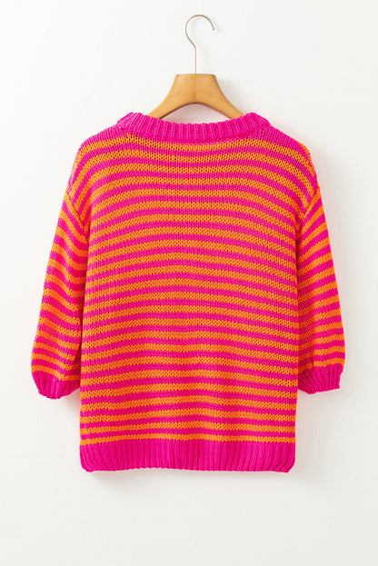 3/4 Puff Sleeve Drop Shoulder Sweater | Rose Stripe