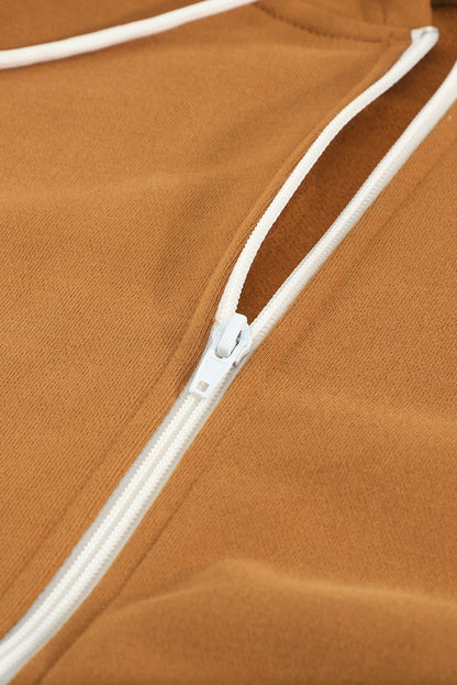 Zip-Up Pocket Drawstring Hoodie Jacket | Brown