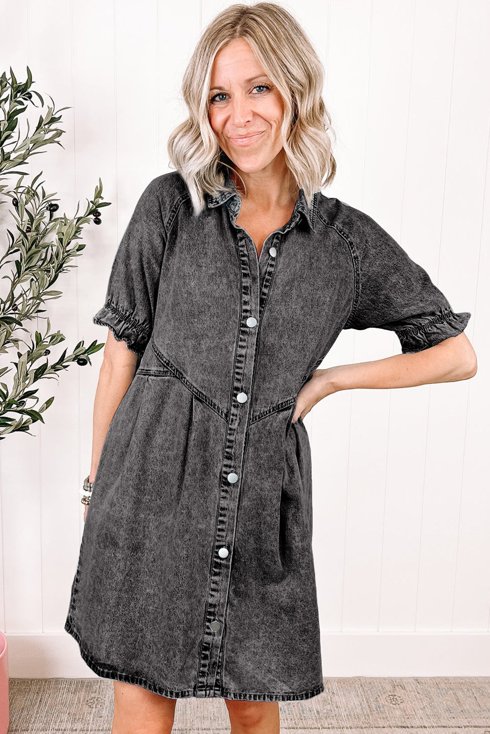 Mineral Wash Ruffled Short Sleeve Buttoned Denim Dress | Medium Grey