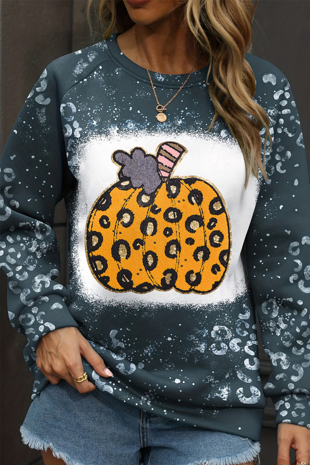 Leopard Pumpkin Ink Plash Printed Halloween Sweatshirt | Blue