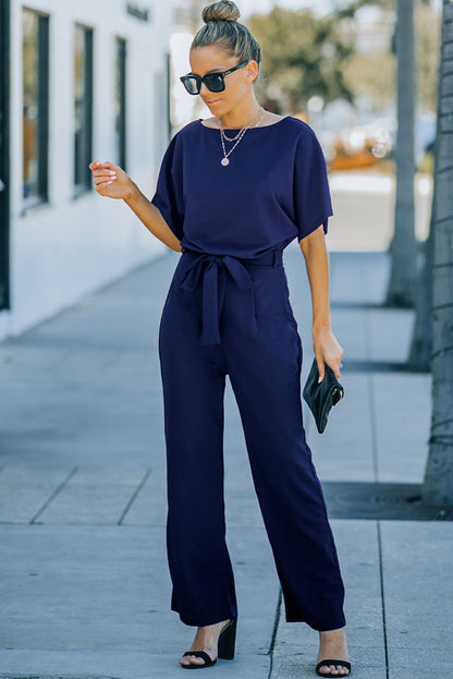 Belted Wide Leg Jumpsuit | Blue