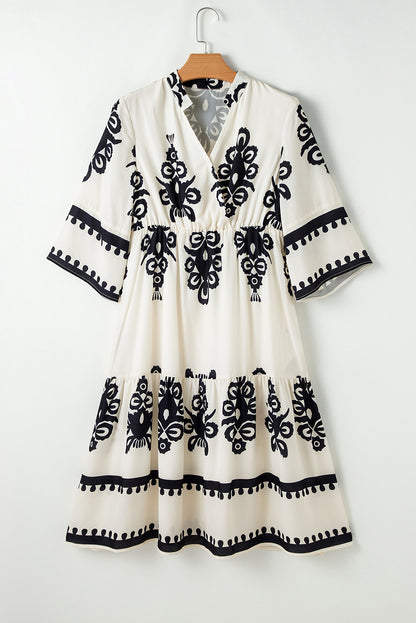 Western Geometric Print 3/4 Sleeve Loose Midi Dress | Beige