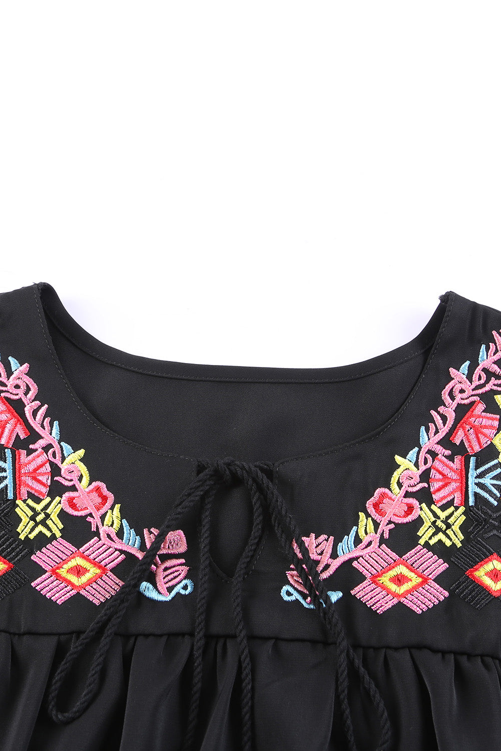 Geometric Floret Embroidered Short Sleeve Blouse | Black